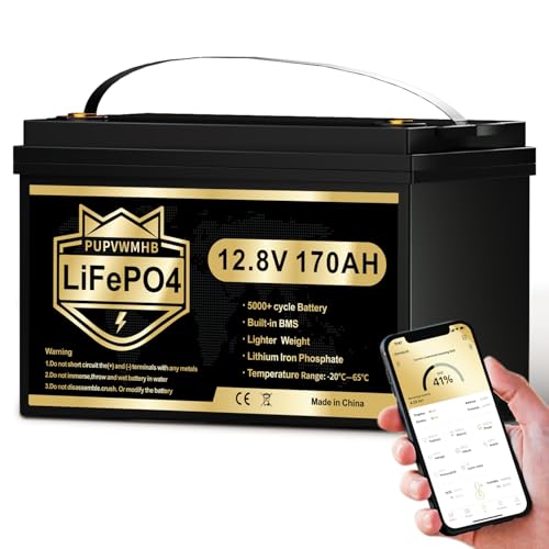 PUPVWMHB LiFePO4 12V 170Ah Car Battery Bluetooth 150A BMS Over 5000 Times Deep Cycle Lithium Battery 2176W Low Temperature Shutdown Protection for Motorhome